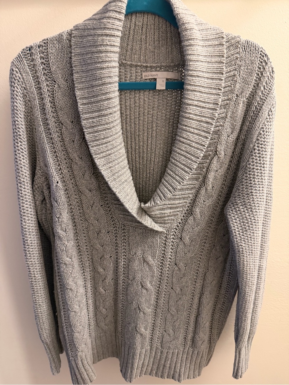 Old Navy Light Gray Cable-Knit Shawl-Collar Sweater